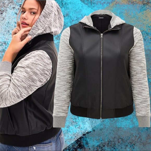 torrid Jackets & Blazers - Torrid Black Faux Leather & Marled Grey Terry Bomber Jacket Size 2 2XL 18/20 NWT